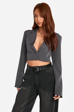 Basic Woven Single Button Crop Blazer