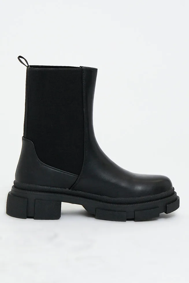 Black Faux Leather Ankle High Biker Boots - Alija