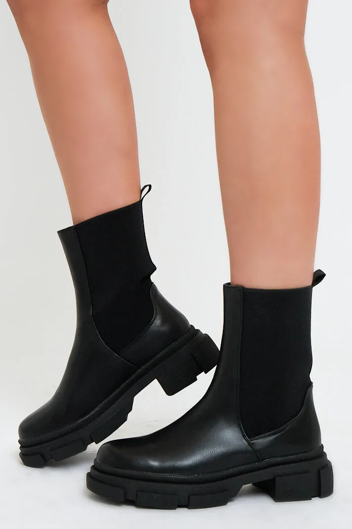 Black Faux Leather Ankle High Biker Boots - Alija