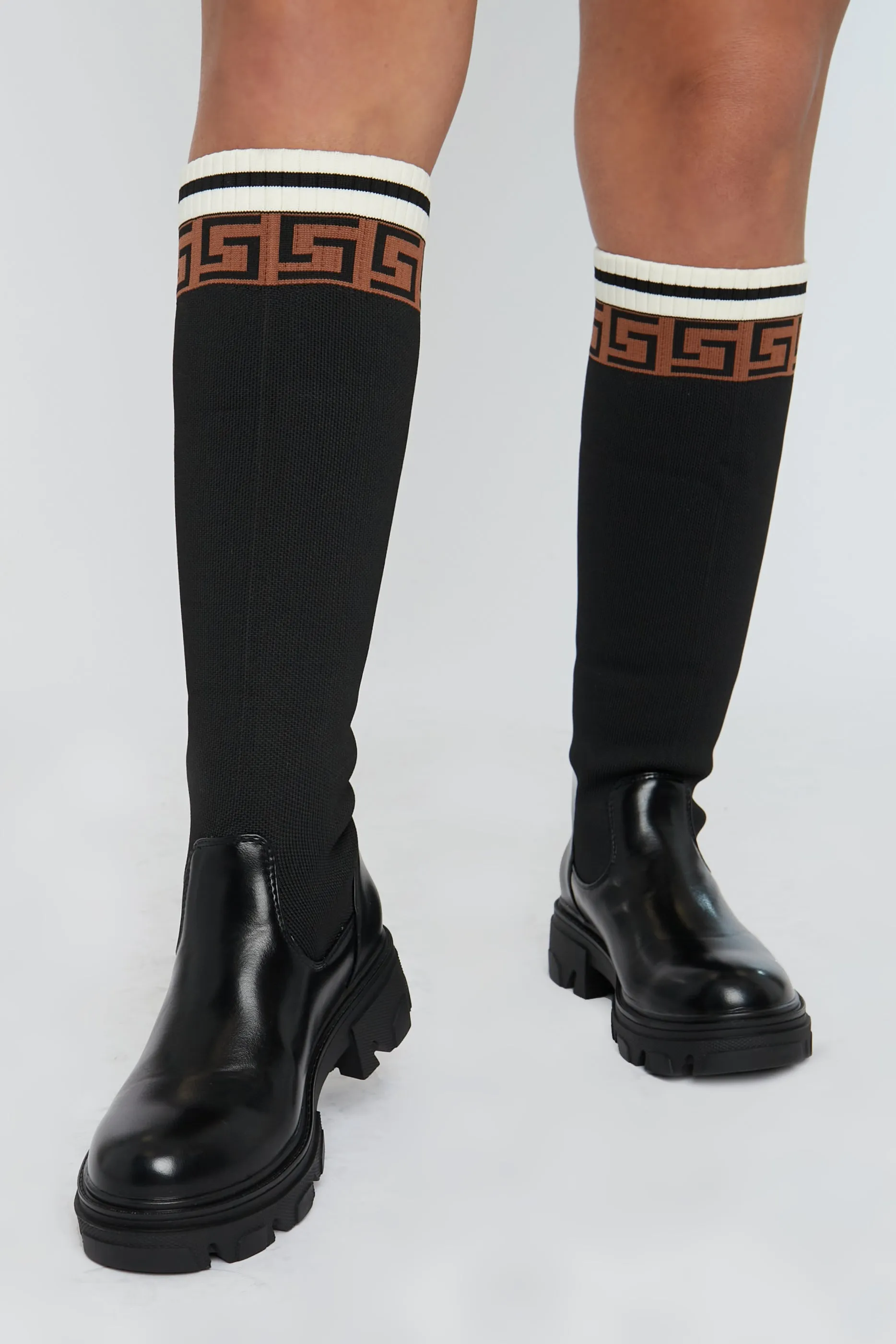 Black Patterned Knee High Knitted PU Faux Leather Boots - Ada