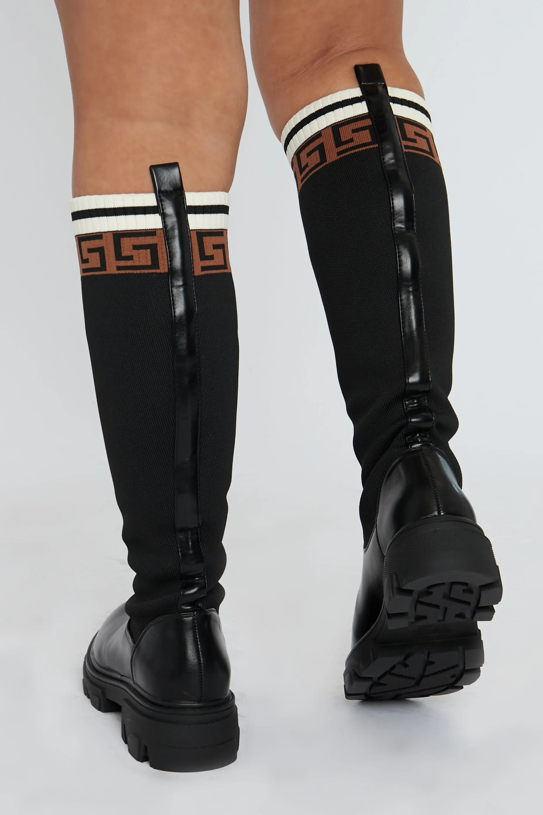 Black Patterned Knee High Knitted PU Faux Leather Boots - Ada