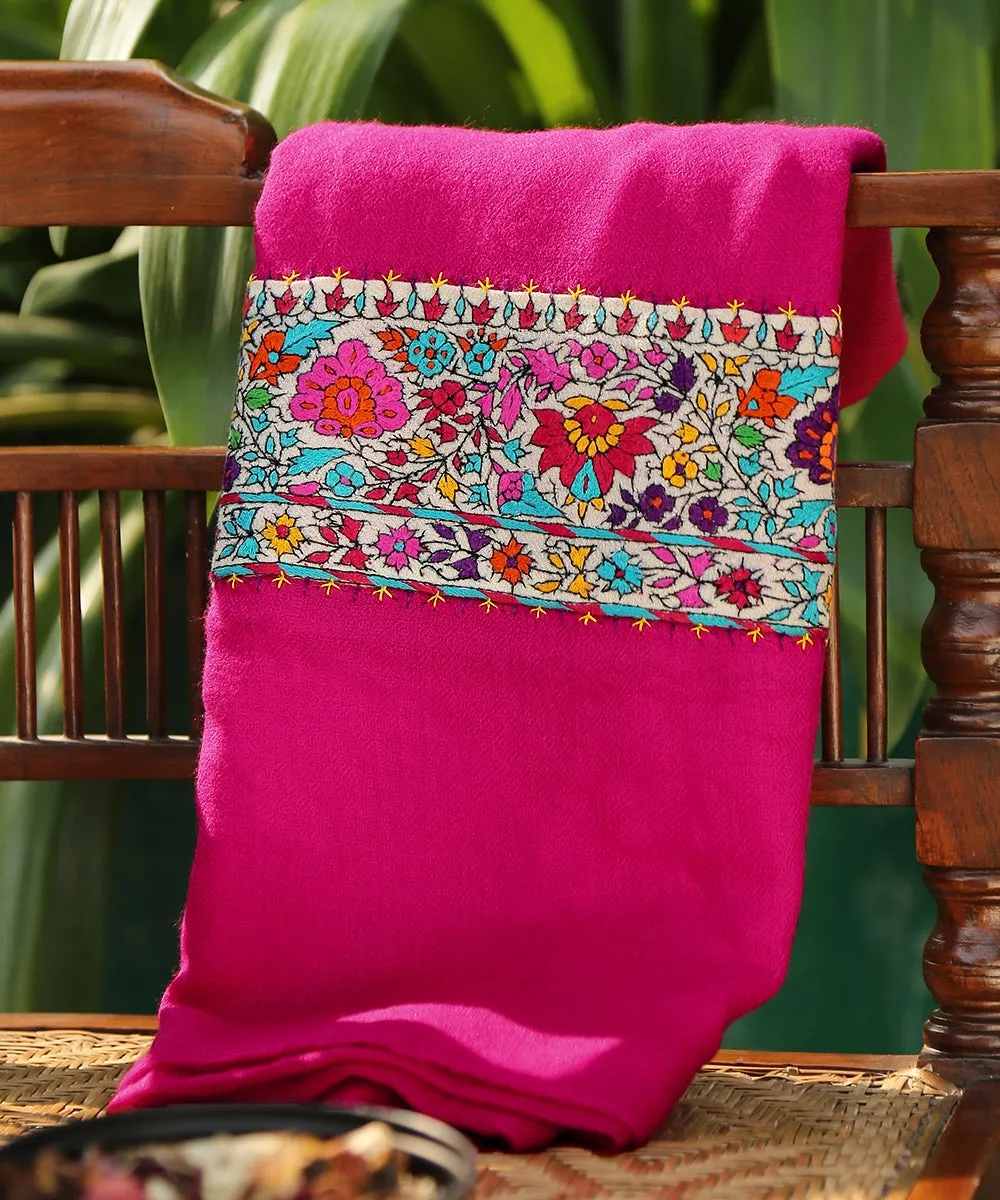 Bright Pink Pure Pashmina Scarf With Applique Border In Kalamkari