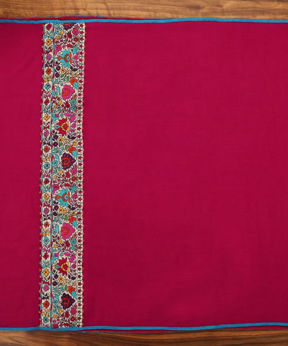 Bright Pink Pure Pashmina Scarf With Applique Border In Kalamkari