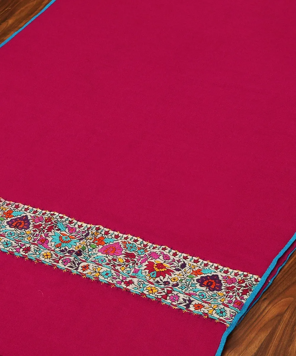 Bright Pink Pure Pashmina Scarf With Applique Border In Kalamkari