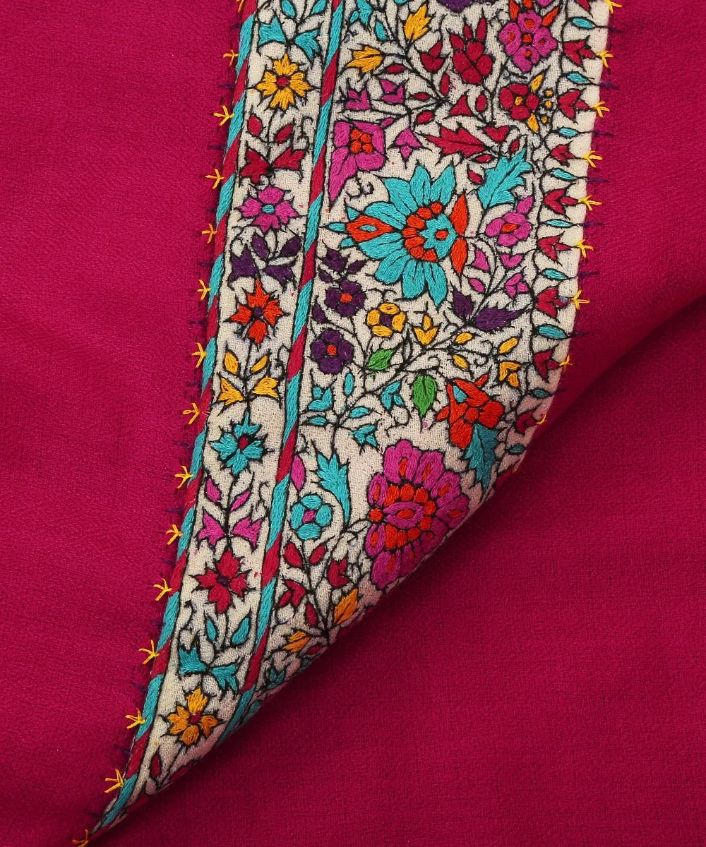 Bright Pink Pure Pashmina Scarf With Applique Border In Kalamkari