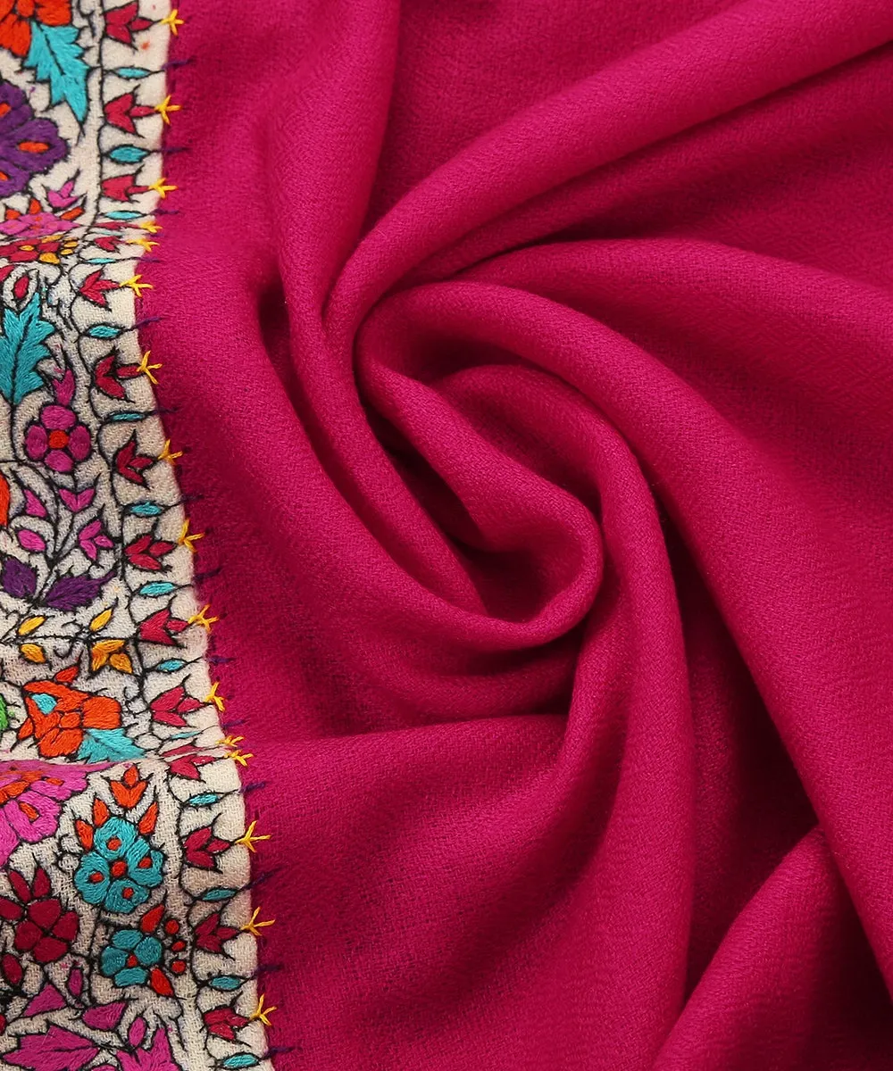 Bright Pink Pure Pashmina Scarf With Applique Border In Kalamkari