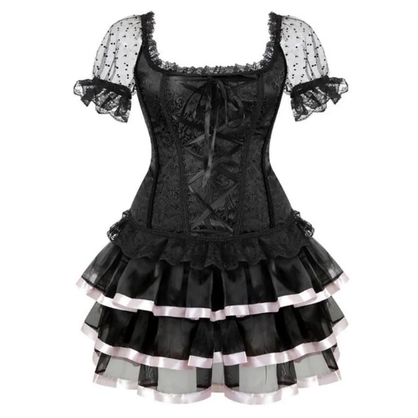 Burlesque Corset And skirt Tutu Set Sleeves Floral Lace Up Gothic Bustier Overbust Corset Dresses For Women Plus Size