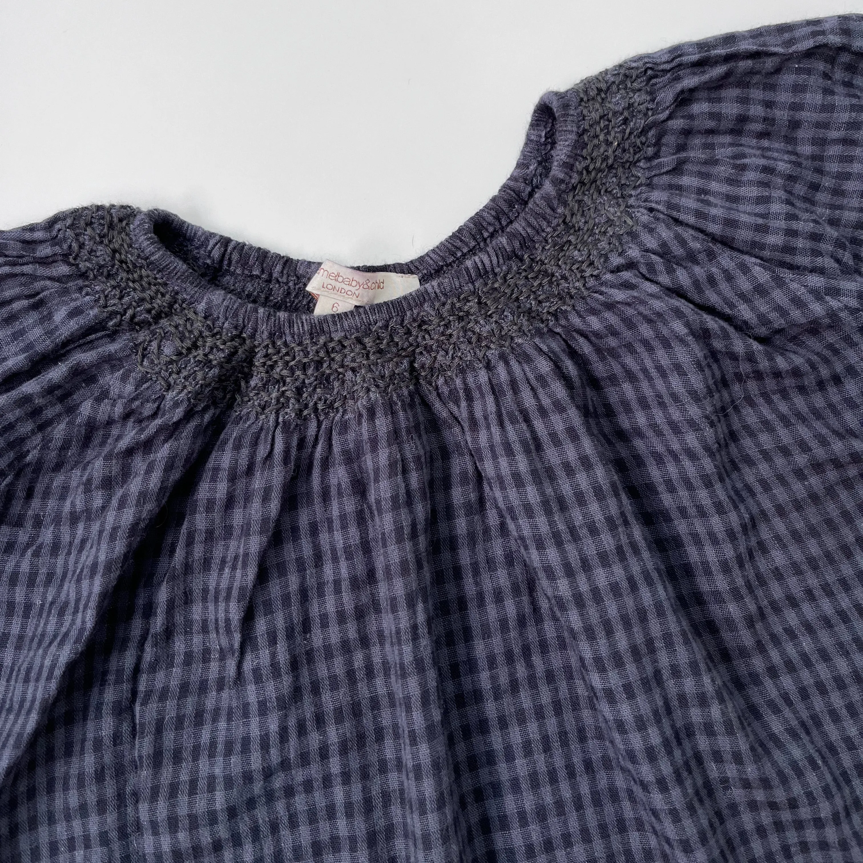 Caramel Navy Check Blouse With Smocking: 6 Years