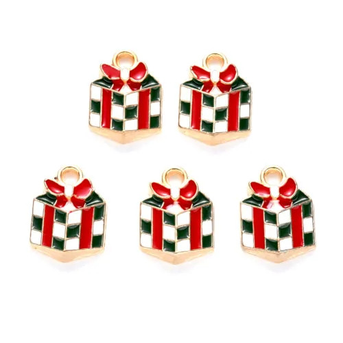 Charms, Christmas Gift Box, Single-Sided, Red, White, Green, Enameled, Light Gold Alloy, 14mm