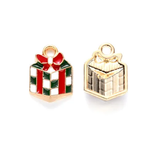 Charms, Christmas Gift Box, Single-Sided, Red, White, Green, Enameled, Light Gold Alloy, 14mm