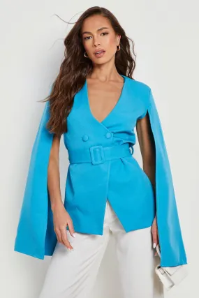 Collarless Belted Cape Sleeve Tailored Blazer