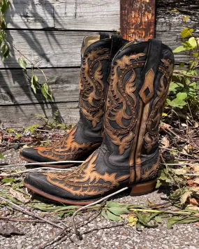 Corral Men's Black & Honey Overlay Snip Toe Cowboy Boots C3989