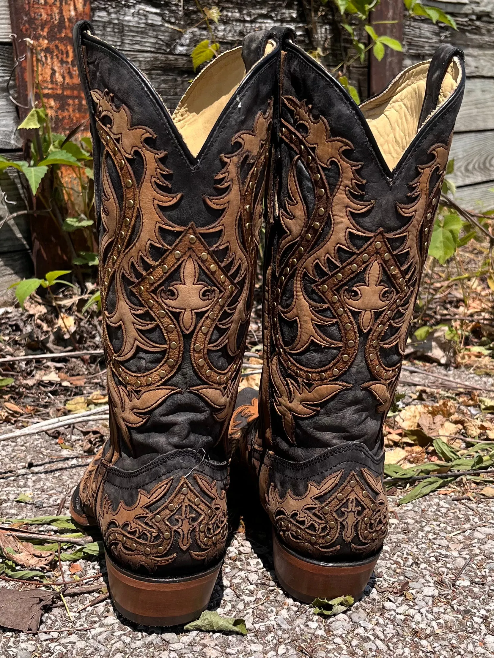 Corral Men's Black & Honey Overlay Snip Toe Cowboy Boots C3989