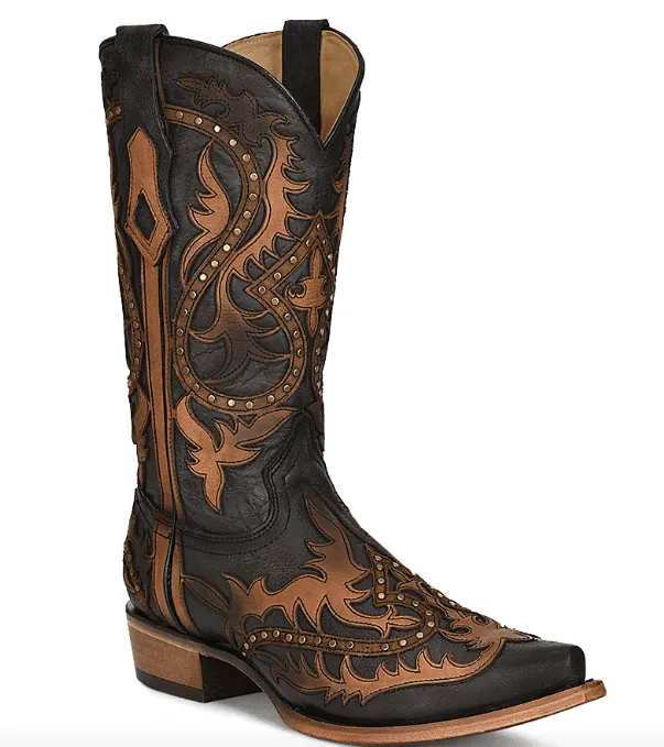 Corral Men's Black & Honey Overlay Snip Toe Cowboy Boots C3989