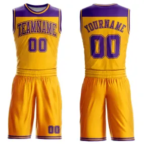 Custom Gold Purple Color Block Round Neck Sublimation Basketball Suit Jersey