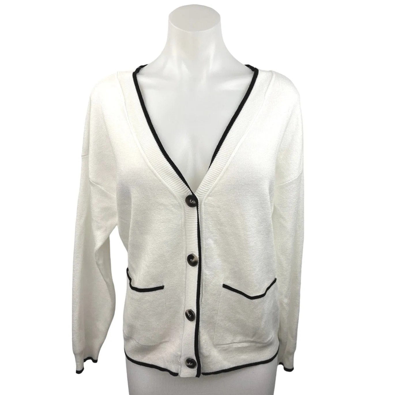 Cyrus White Black V Neck Button Down Pocket Knit Cardigan Sweater Top Size S