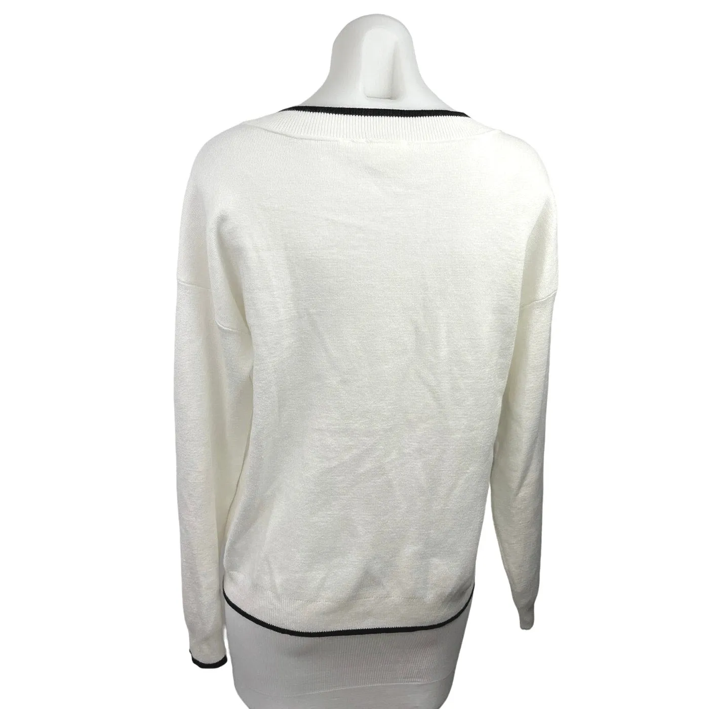 Cyrus White Black V Neck Button Down Pocket Knit Cardigan Sweater Top Size S