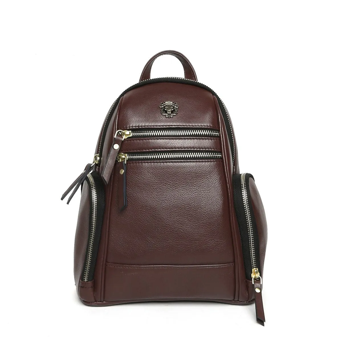 Dark Brown Leather Signature Metal Lion Women Backpack By Brune & Bareskin