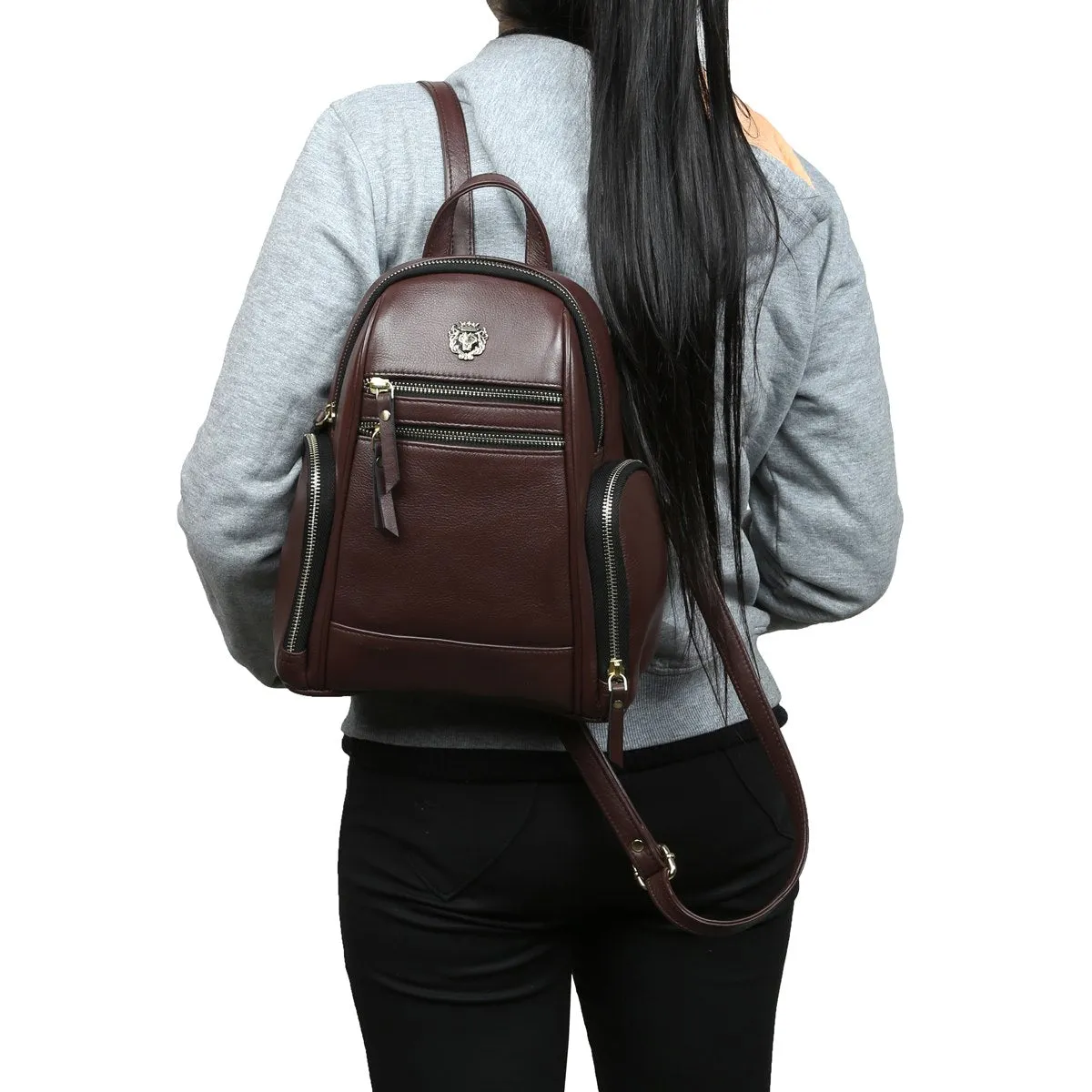 Dark Brown Leather Signature Metal Lion Women Backpack By Brune & Bareskin