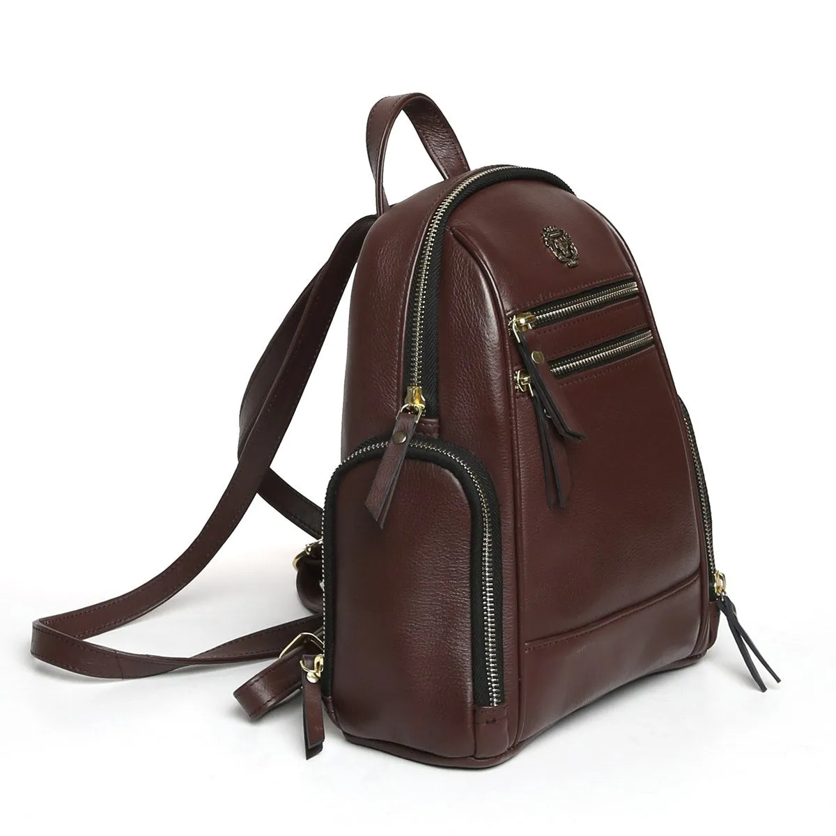 Dark Brown Leather Signature Metal Lion Women Backpack By Brune & Bareskin