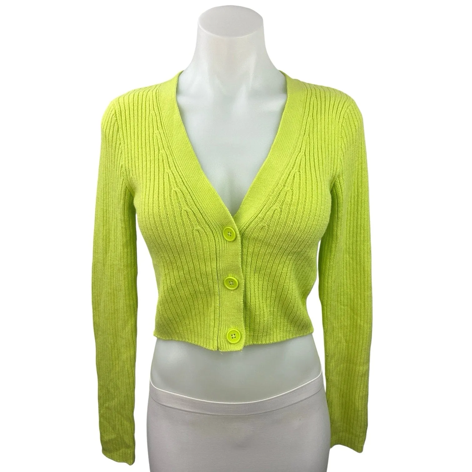 Divided by H&M Green Ribbed Knit Button Up Cropped Cardigan Sweater Top Size S