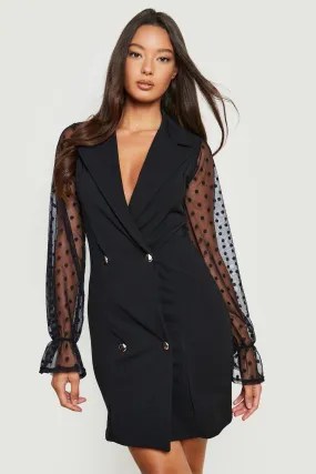 Dobby Mesh Sleeve Button Detail Blazer Dress