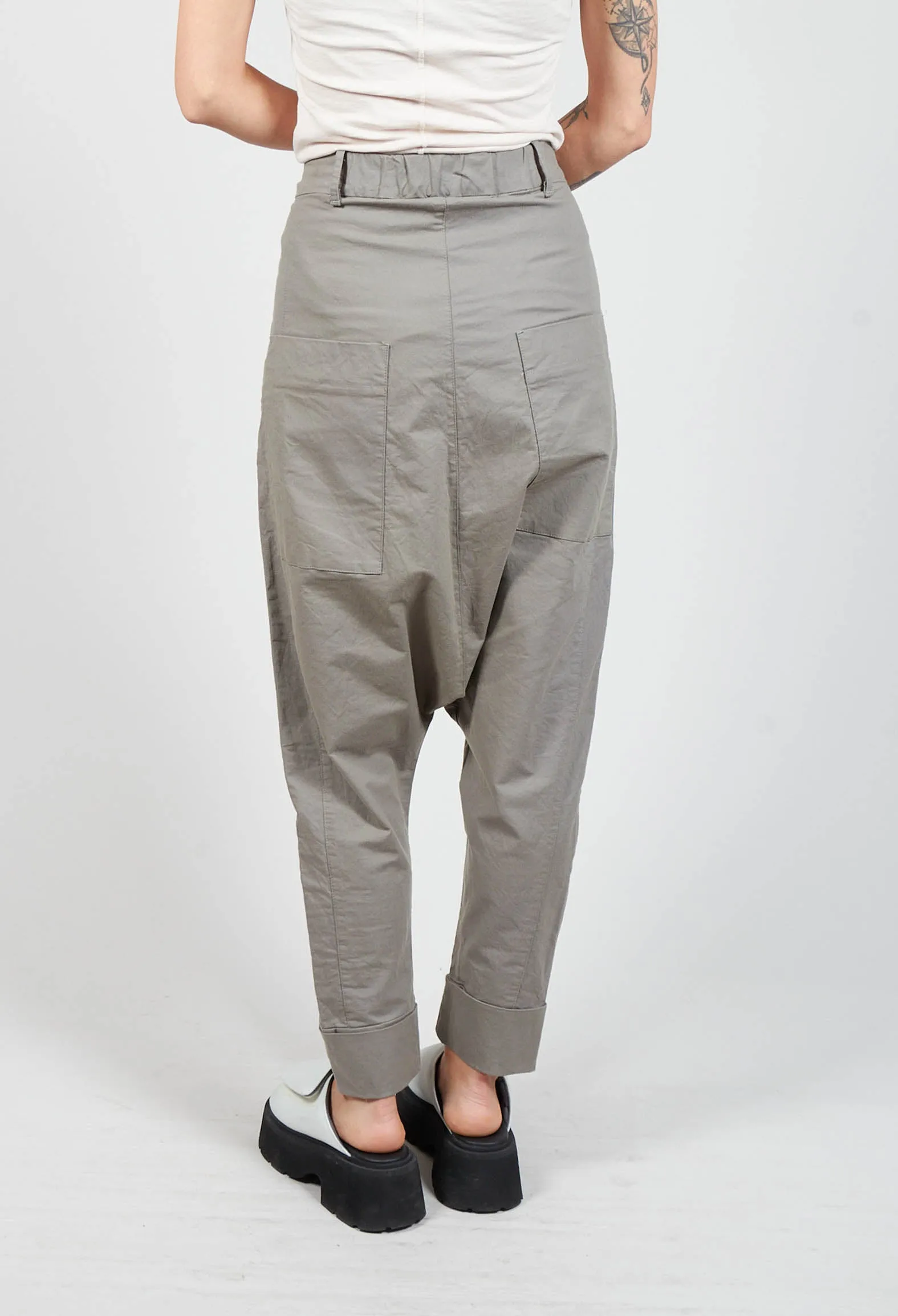 Drop Crotch Trousers with Turn-Ups in Grey