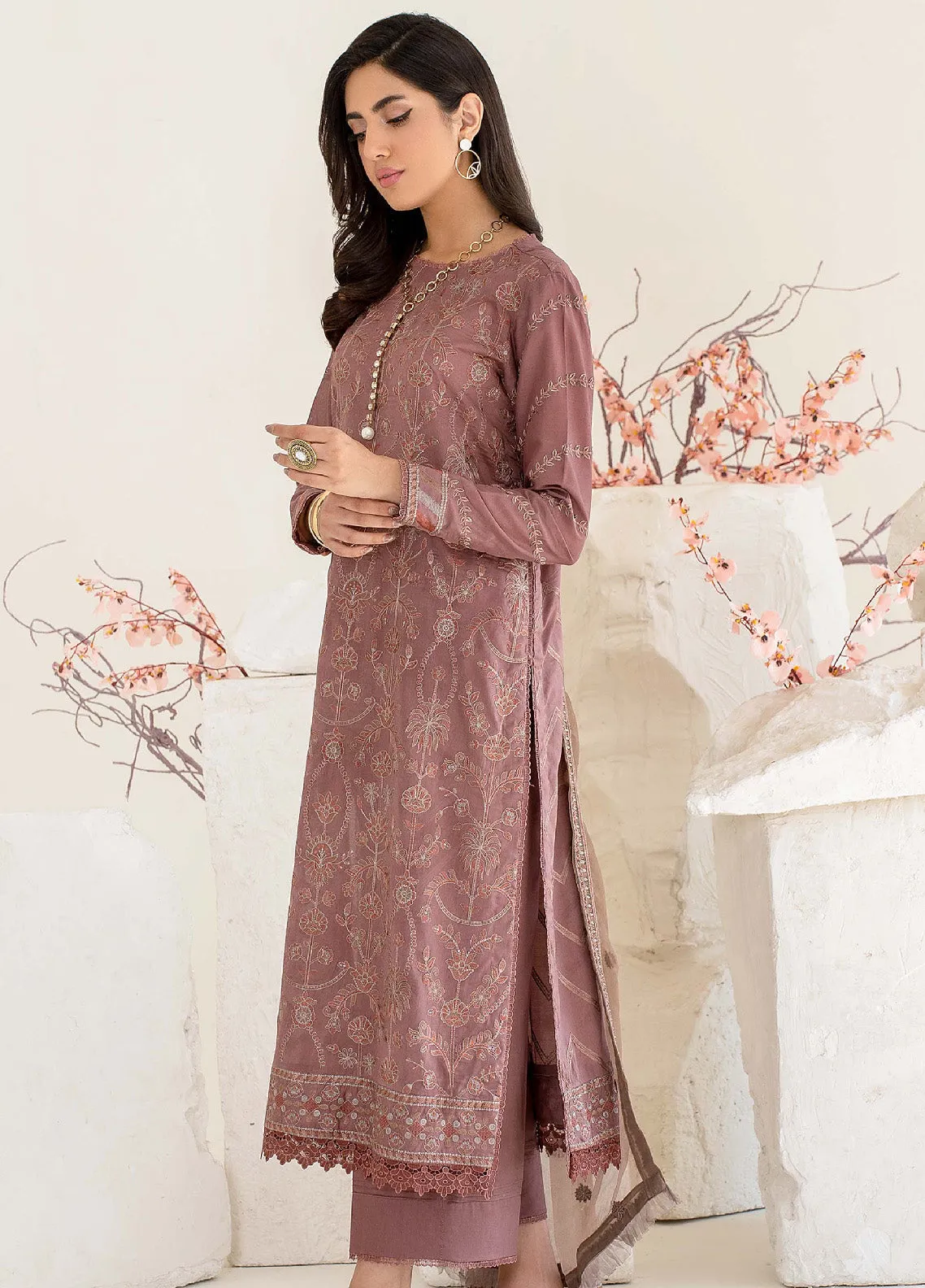 Eid Edition by Zarif Embroidered Lawn 3 Piece Unstitched Suit ZF23L ZEL-09 TEA PINK