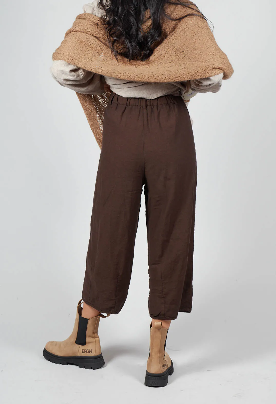 Elastic Waist Cotton Linen Blend Trousers in Espresso