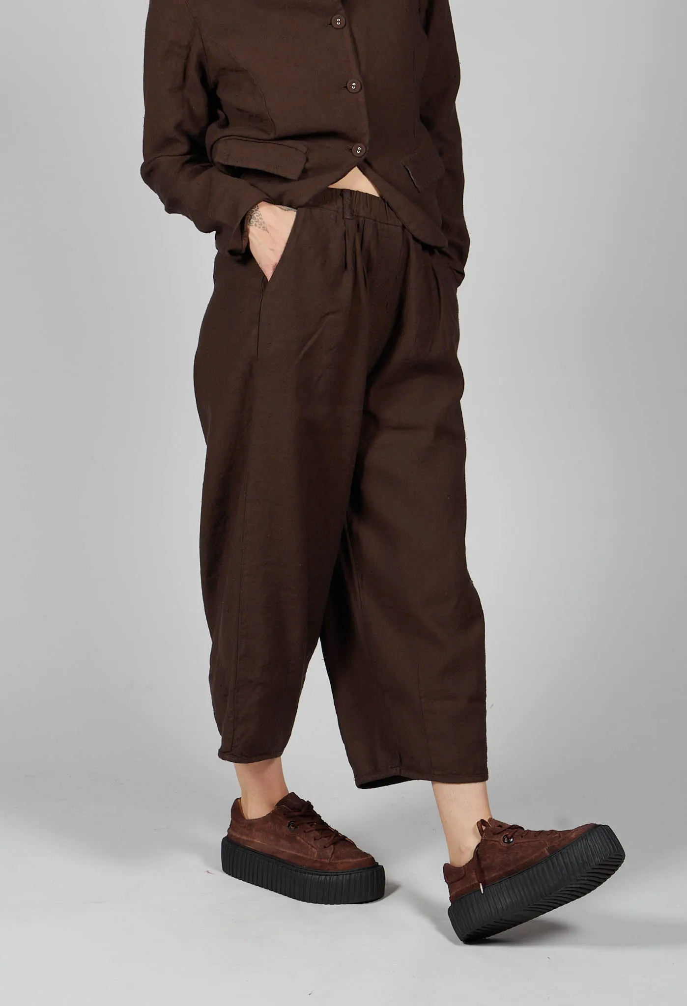 Elastic Waist Cotton Linen Blend Trousers in Espresso