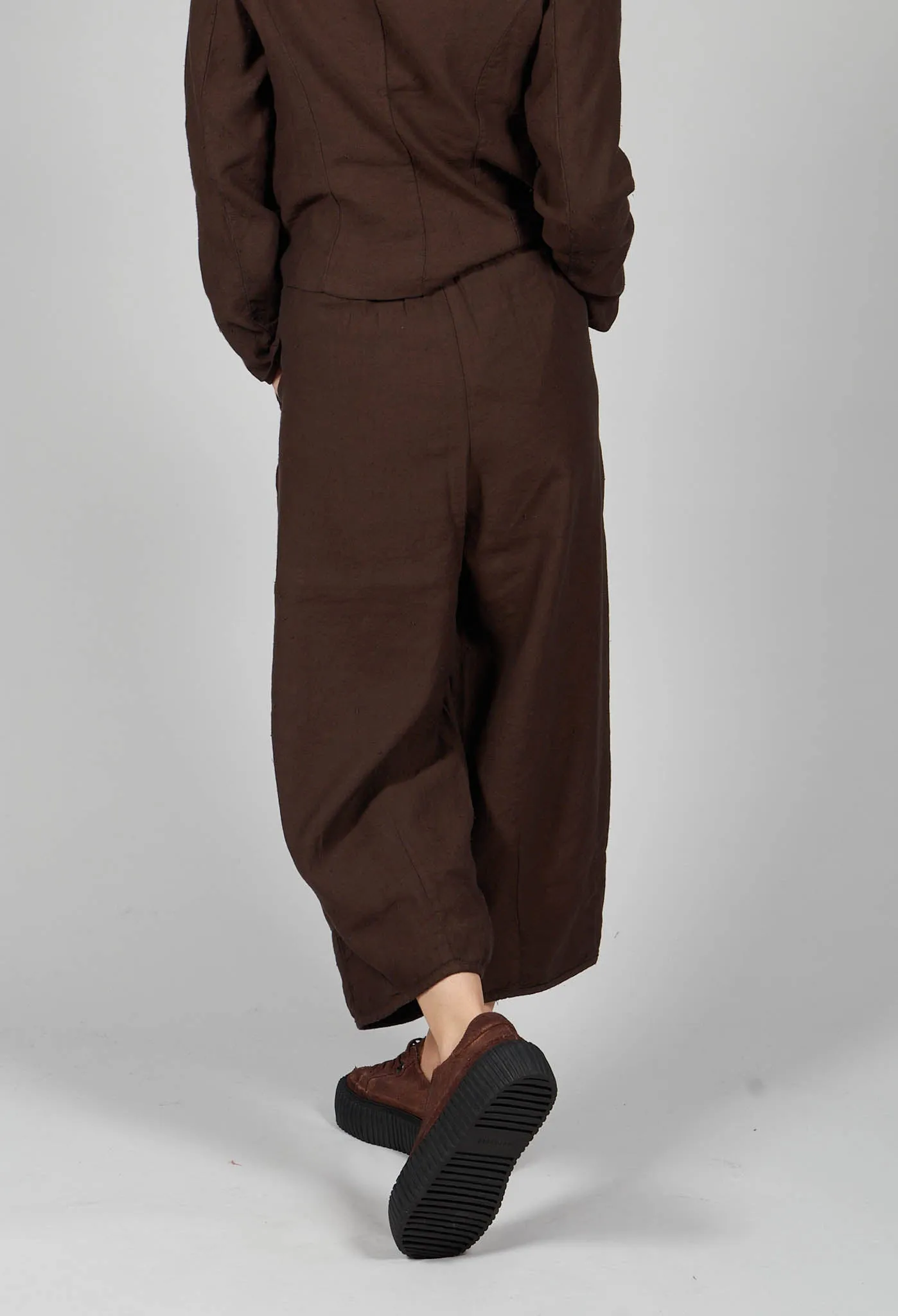 Elastic Waist Cotton Linen Blend Trousers in Espresso