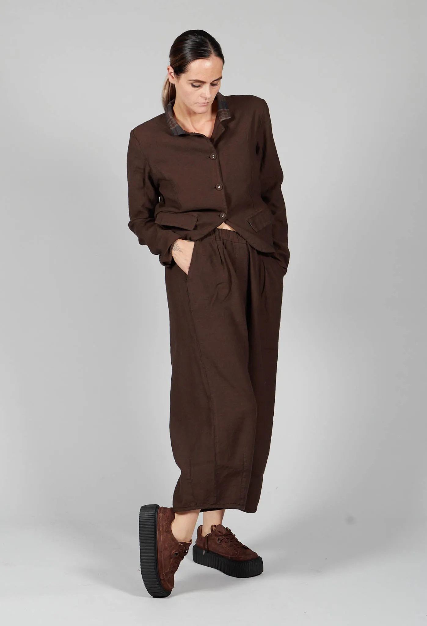 Elastic Waist Cotton Linen Blend Trousers in Espresso