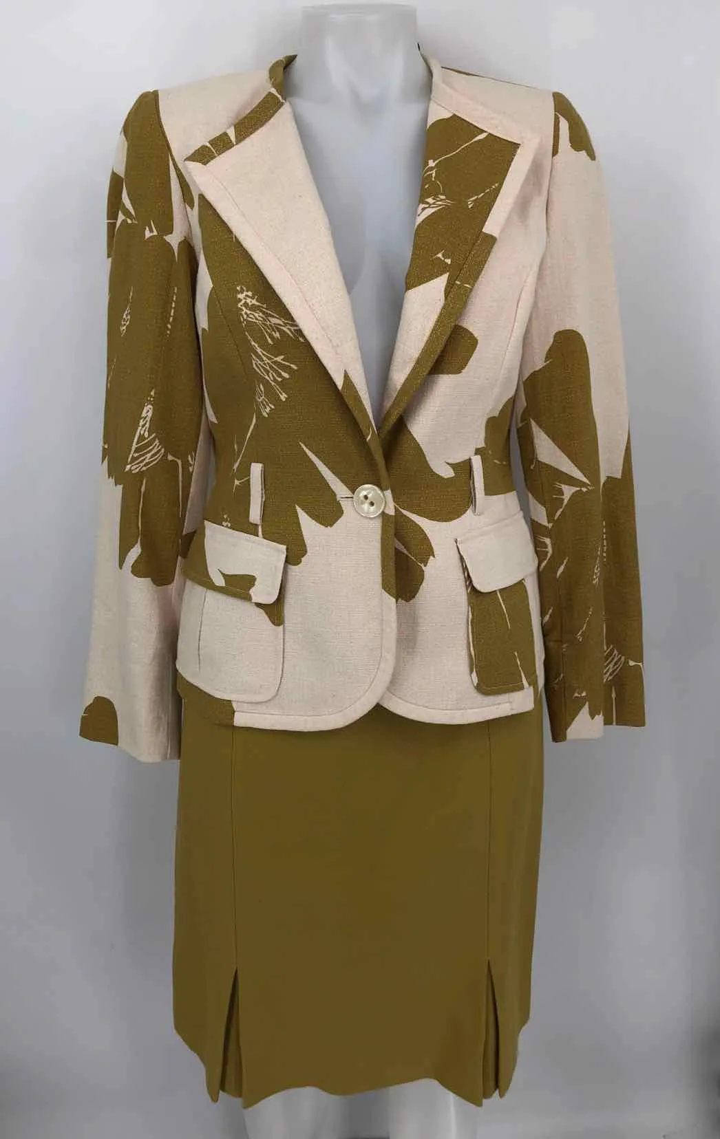 ETCETERA Olive Beige Cotton Size 6  (S) Floral Skirt Suit