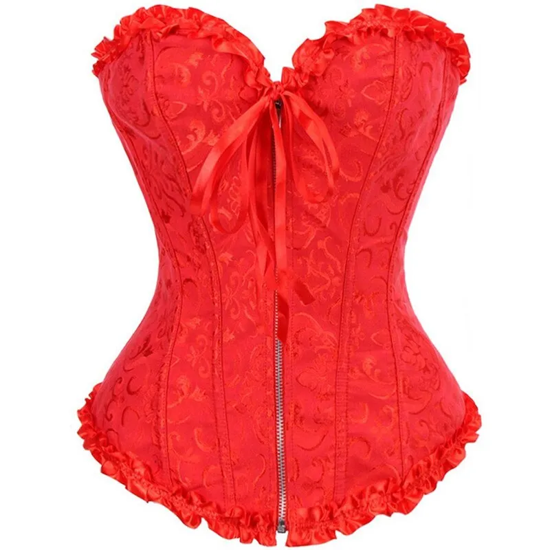 Fashion Women Zipper Bustier Top Sexy Body Shapewear Corselet Lace Up Boned Waist Trainer Corset Overbust Brocade Plus Size 6XL