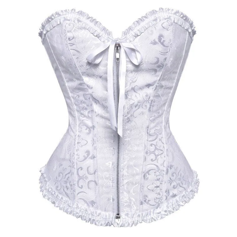 Fashion Women Zipper Bustier Top Sexy Body Shapewear Corselet Lace Up Boned Waist Trainer Corset Overbust Brocade Plus Size 6XL