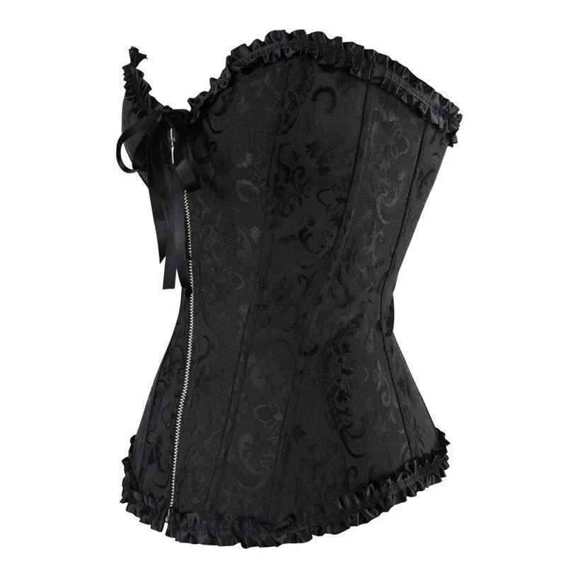 Fashion Women Zipper Bustier Top Sexy Body Shapewear Corselet Lace Up Boned Waist Trainer Corset Overbust Brocade Plus Size 6XL