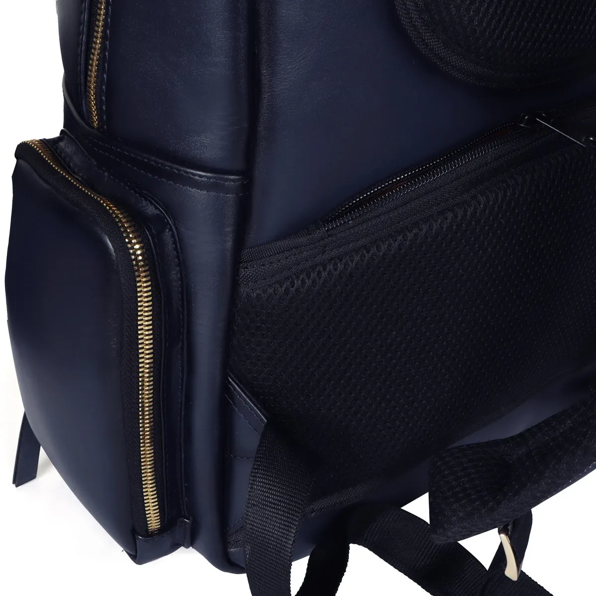 Flap Over Backpack With Navy Blue Leather Zipper Pockets