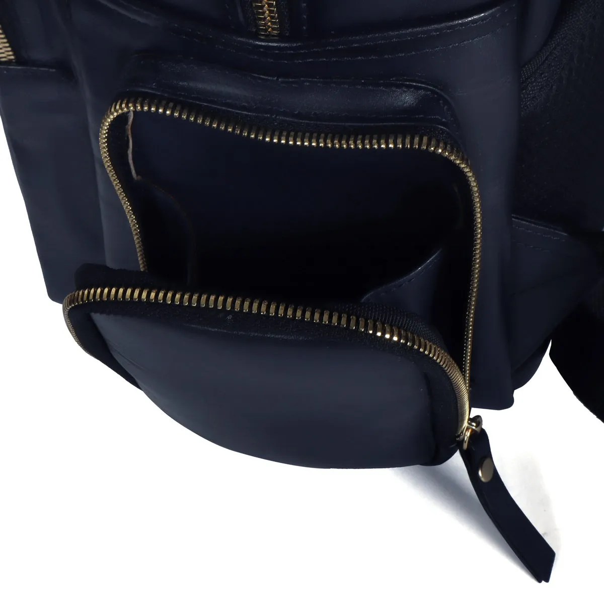 Flap Over Backpack With Navy Blue Leather Zipper Pockets