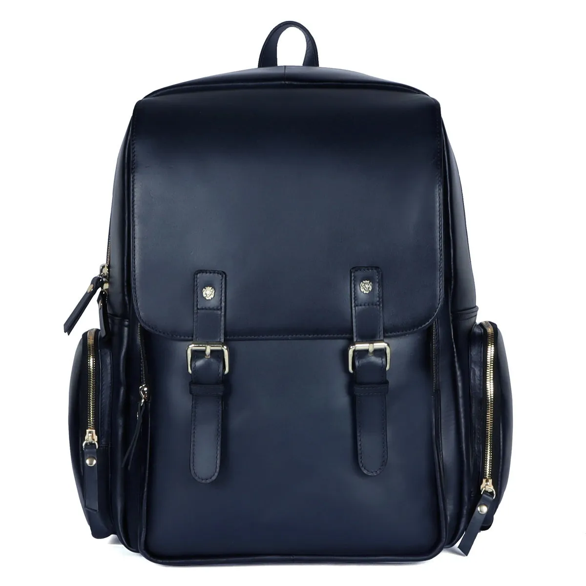 Flap Over Backpack With Navy Blue Leather Zipper Pockets