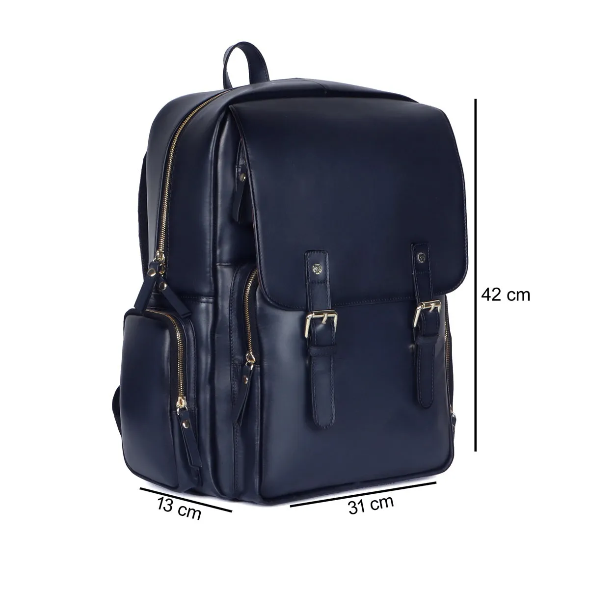 Flap Over Backpack With Navy Blue Leather Zipper Pockets