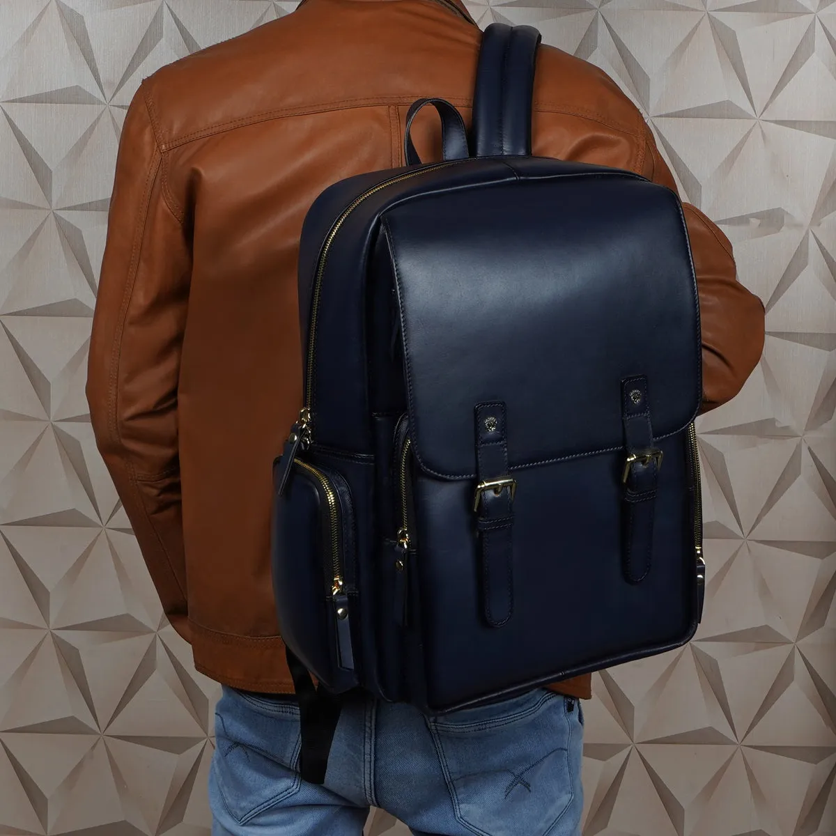 Flap Over Backpack With Navy Blue Leather Zipper Pockets