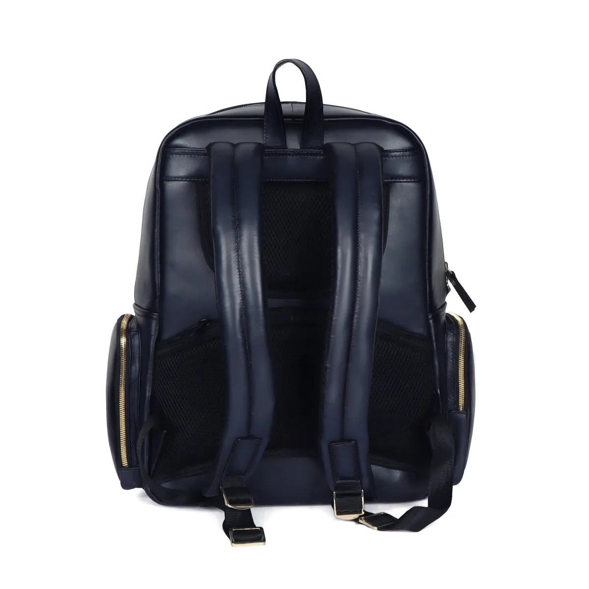 Flap Over Backpack With Navy Blue Leather Zipper Pockets