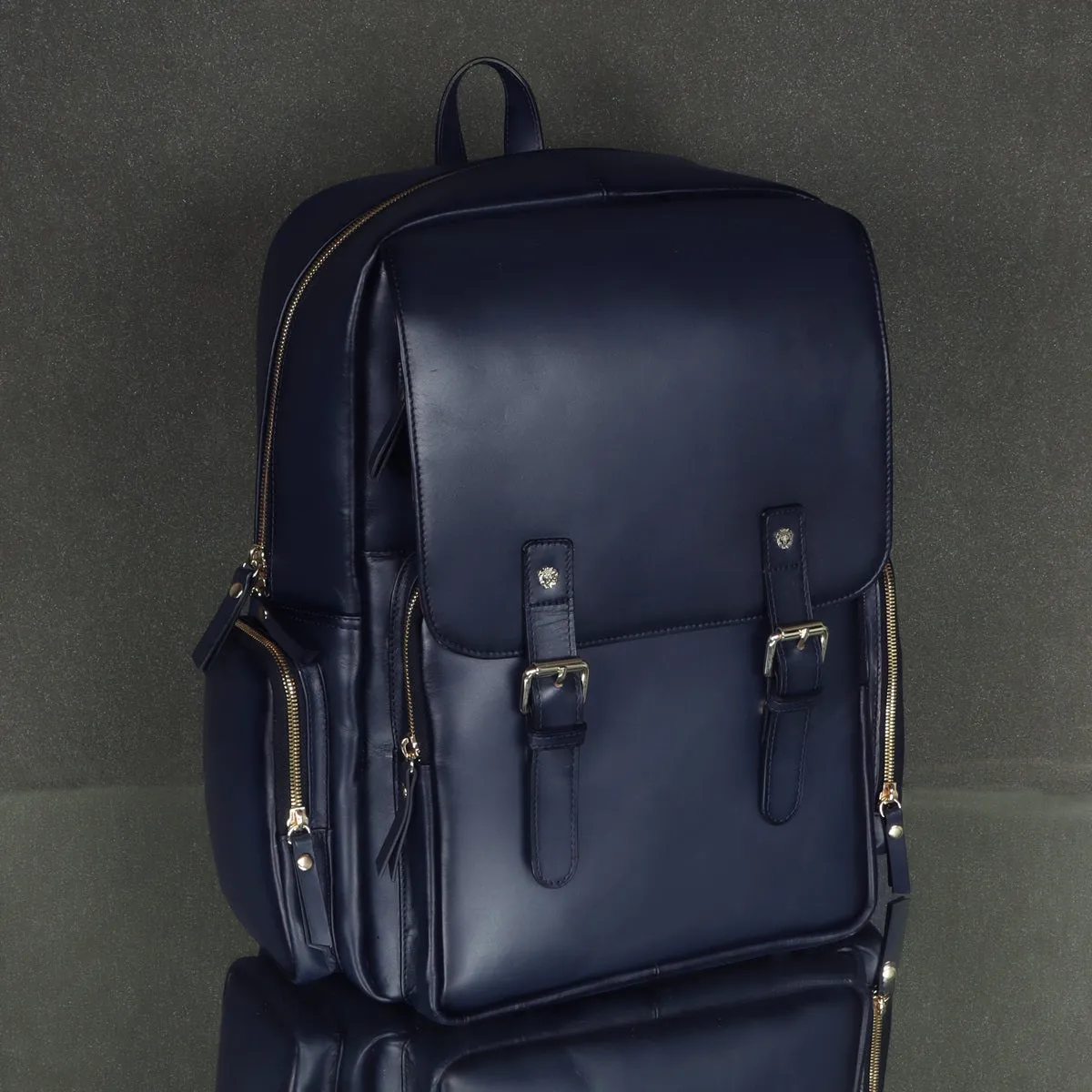 Flap Over Backpack With Navy Blue Leather Zipper Pockets