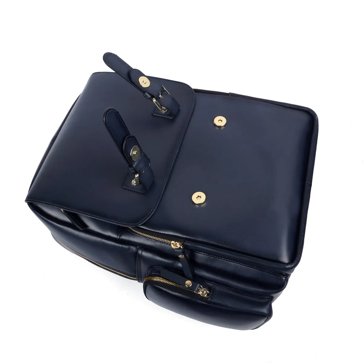 Flap Over Backpack With Navy Blue Leather Zipper Pockets