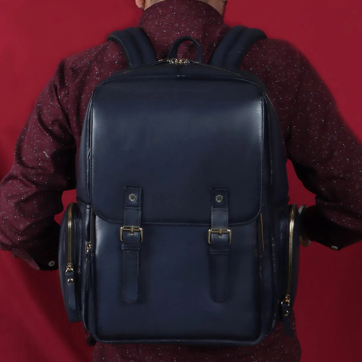 Flap Over Backpack With Navy Blue Leather Zipper Pockets