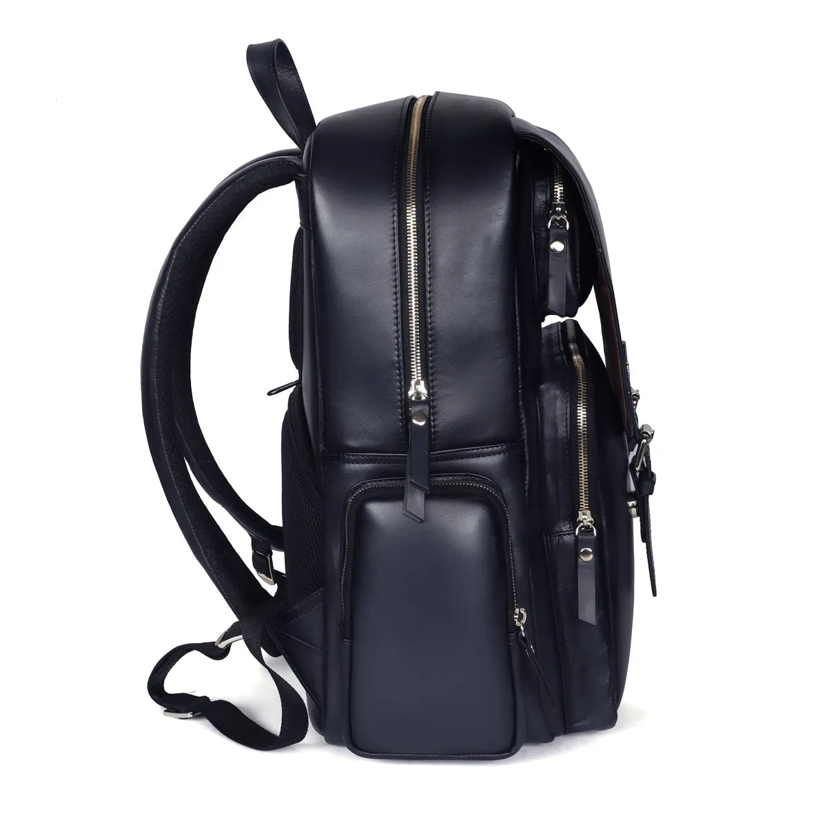 Flap Over Backpack With Navy Blue Leather Zipper Pockets