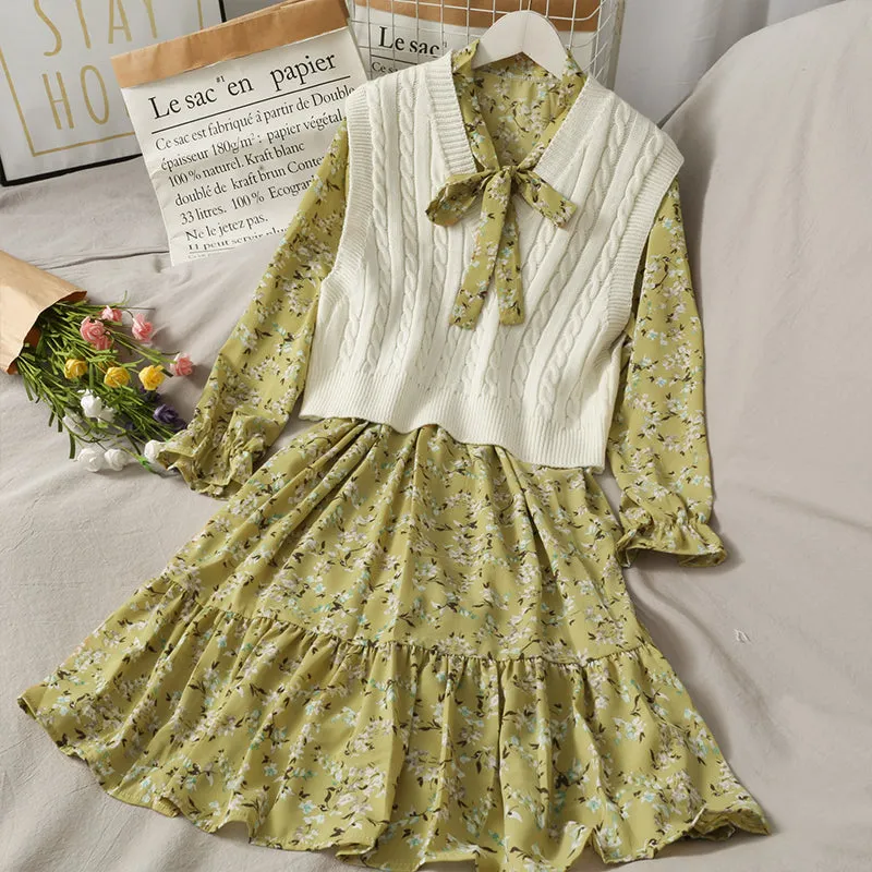 FLORAL HIGH WAIST MED LENGTH DRESS KNITTED VEST SUIT BY061002