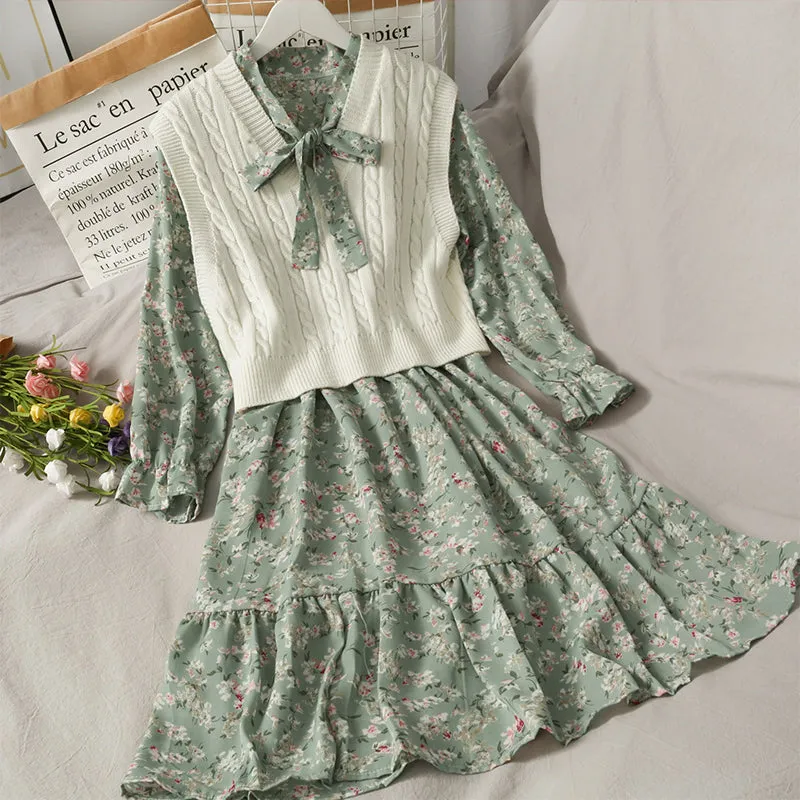 FLORAL HIGH WAIST MED LENGTH DRESS KNITTED VEST SUIT BY061002