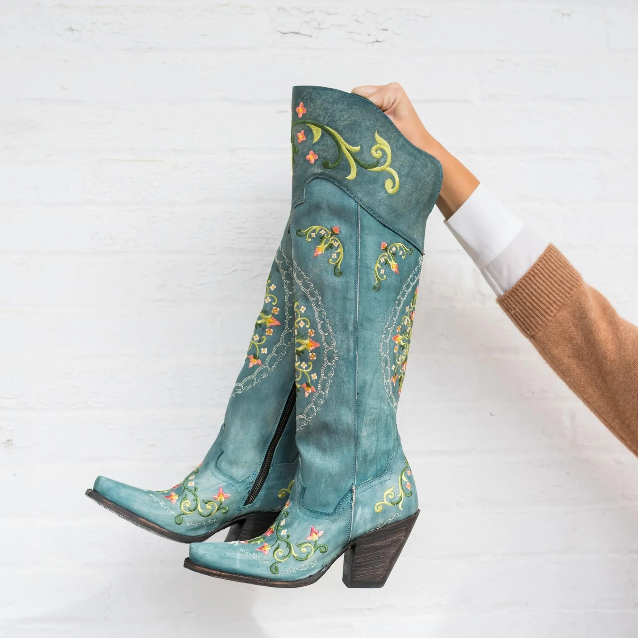 Flower Child Turquoise Rustic Leather Over The Knee High Boots (DS)