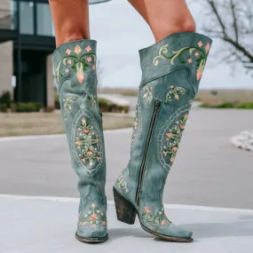 Flower Child Turquoise Rustic Leather Over The Knee High Boots (DS)